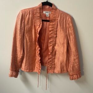 RAFAEL PETITES women's peachy rose gold iridescent flyaway ruffle blazer, P/M.
